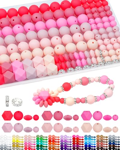 FIVEIZERO 172PCS Silicone Beads for Keychain Making, 6 Pink Shades | 4 Assorted Shapes, Includes Rhinestone Spacers, Premium Silicone, Easy to Clean, Durable and Flexible - color: pink