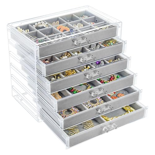 Watpot Acrylic Jewelry Box with 6 Drawers, Clear Earring Storage Organizer Display Case for Women Girls, Gray - color: Gray 6 Layers