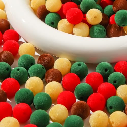 16mm Acrylic Beads 100pcs Christmas Pom Pom Bead Loose Fuzzy Faux Fur Poms Beads for DIY Crafting Necklace Bracelet Jewelry Making Keychain (mrsd) - color: red&yellow&green