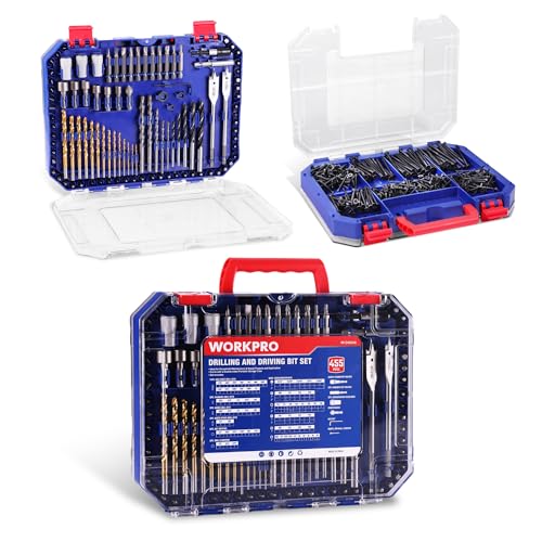 WORKPRO 455-Piece Drill Bit Set and Screwdriver Bit Set, Titanium Twist Drill Bits, Drywall Screws with Double Sided Storage Case, for Wood Metal Plastic Concrete Masonry - style: 455 PCS