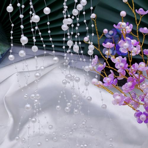 FQTANJU 200 Ft Acrylic Crystal Beads String Roll, 8mm and 3mm Mixed, Party Garland Wedding Centerpieces Bridal Bouquet Crafts Decoration 60M(White) - color: White