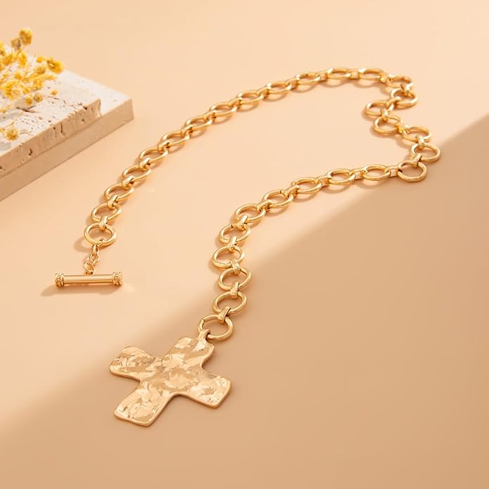 Gold Chunky Cross Pendant Necklace for Women Silver Layered Statement Wide Cross Necklace Golden Vintage Bold Hammered Crosses Charm Necklace Jewelry