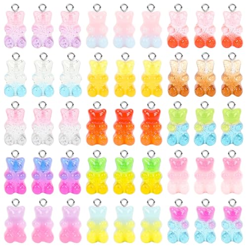 Augshy Gummy Bear Charms, 64Pcs 15 Colors 3D Resin Gradient Candy Bear Pendants for Earring Bracelets Necklaces Jewelry Making Keychain Handmade DIY Crafts Decorations - style: Gummy Bear