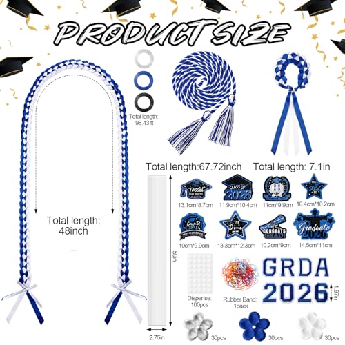 Graduation Candy Lei Making Kit Class of 2026 DIY Lei PE Bags Tubing Money Leis 2026 Graduation Ribbon Necklace Include 2 x 5 ft PE Bags 90 Pcs Flower Accessories for Grad Party Supplies (Blue, White) - color: Blue, White