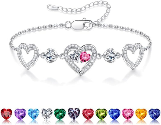 Iefil Valentines Day Gifts for Her - 925 Sterling Silver Heart Birthstone Bracelet Birthday Anniversary Jewelry Gifts for Her Wife