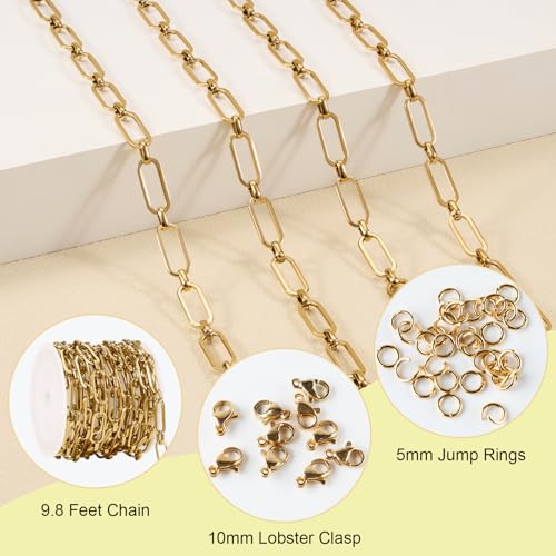 SMYHTGLIF 9.8 Feet Gold Plated Paperclip Chain for Jewelry Making Stainless Steel Chain Bulk Roll Craft Jewelry Making Supplies - color: Paperclip Gold