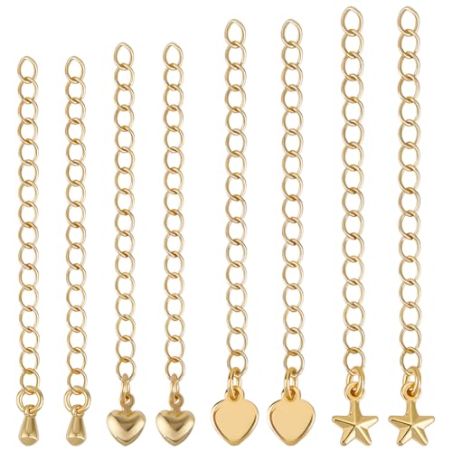 Beebeecraft 1 Box 20Pcs 4Styles Golden Necklace Extenders 18K Gold Plated Star Heart Chain Extenders for Jewelry Making Charm Ends Tail Extension Curb Chain Necklaces Bracelets DIY Crafts Supplies - color: Gold-mix