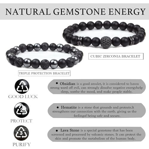 Black Obsidian Bracelet for Men - Black Tourmaline Beaded Bracelets - Mens Bracelet Set 8MM Black Onyx Hematite Lava Stone Beads Triple Protection Bracelet for Men Women Gifts