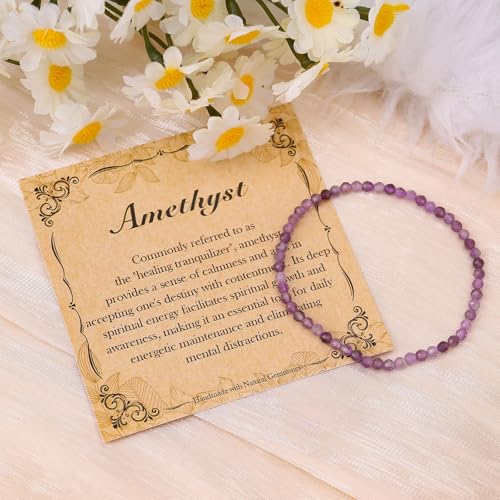 BONNY BOXX Natural Genuine Gemstone Faceted Round Beads Bracelets, 3mm Adjustable Stretchy Tiny Faceted Black Tourmaline Bracelet, Healing Crystal Reiki Chakra Dainty Jewelry Fashion Gifts - color: Amethyst