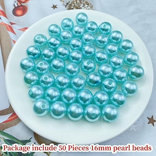 Pinhoollgo 50pcs Pearl Beads 16mm Round Pearl Beads with Hole for DIY Bracelet Necklace Jewelry Making Supplies Handmade Craft(Lake Blue) - color: Lake Blue, size: 16mm/50pcs