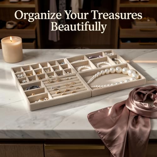 8 Pcs Jewelry Drawer Organizers, Velvet Jewelry Trays for Drawer, Stackable Jewelry Trays, Ideal for Rings, Earrings, Bracelets, Necklaces, Beige - color: Beige