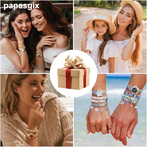 papasgix Italian Charm Bracelet Gold Set with Starter Brascelet, Assorted Charms and Opening Tools, 9mm Modular Italian Charm Bracelet Links Handmade DIY Jewelry Gifts Diamond Pendant