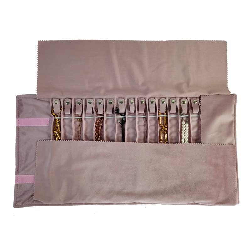 Portable Jewelry Roll Untangled Secure Necklace Travel Storage Bag Displays Holder 16 Chain (Embroidery Pink Velvet) - color: Embroidery Pink Velvet