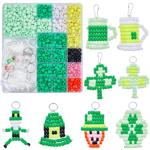SUNNYCLUE DIY 8 Sets Pony Beads Kit - 8mm St Patrick's Day Green Plastic Beads - Keychain Making Kit - color: 8mm Pony Beads Kit St Patrick Day Themed