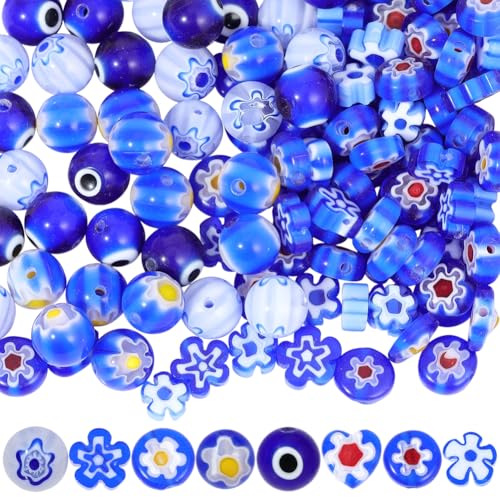 1 Box 160pcs 8 Styles Blue Millefiori Lampwork Beads Handmade Flower Heart Evil Eye Flat Round Glass Loose Spacer Bead Charm Bulk for Jewelry Making Bracelets Necklaces DIY Craft Supply