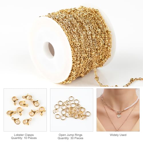 Kyutong 10M Gold Stainless Steel Jewelry Chain in Bulk Beaded Cable Link Chain Roll with Jump Rings and Lobster Clasps for DIY Jewelry Making Supplies - color: Cross Bead Gold