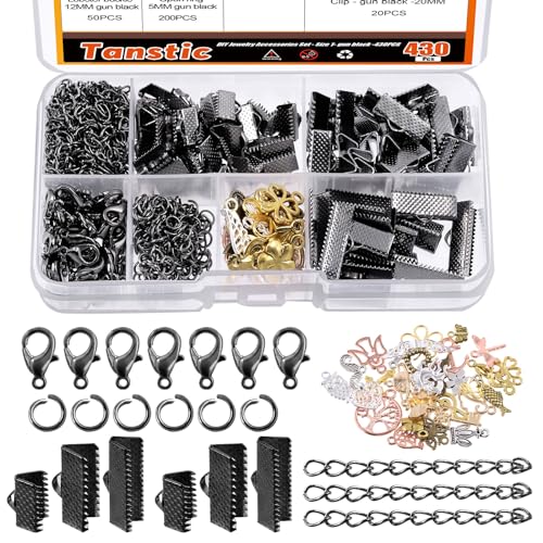 Tanstic 430Pcs Black Ribbon Ends Fastener Clasps Kit, Bookmark Pinch Crimp Ends with Open Jump Rings, Lobster Claw Clasps, Chain Extenders and Pendant Charms for DIY Crafts - color: Black Ribbon Ends