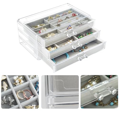 Weiai Acrylic Jewelry Box 3 Drawers, Velvet Jewellery Organizer, Earring Rings Necklaces Bracelets Display Case Gift for Women, Girls - color: Gray