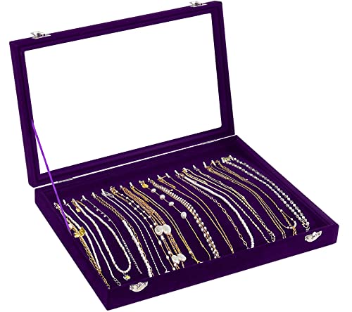 Jenseits Necklace Holder Jewelry Organizer Box, Dustproof Velvet Necklace Tray Jewelry Display With Clear Lid, Preppy Jewelry Holder, Long Necklaces Pendants Organizer, Gifts For Women Girls - Purple