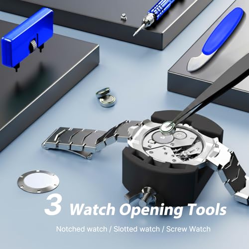 EasyTime Watch Battery Replacement Tool Kit Professional Watch Repair Toolkit and Back Remover Set with Adjustable Case Opener, Tweezers, Screwdriver and Instructions - color: Blue