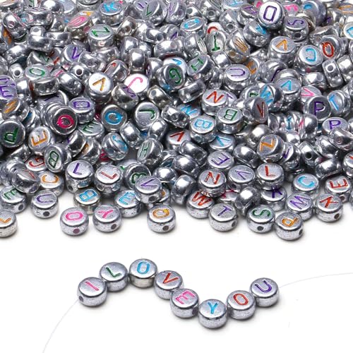 LAIDANLA 1500PCS Acrylic Letter Beads Alphabet Colorful Letters Silver Round Bead 7×4mm for Jewelry Bracelets Necklaces Key Chains Making - color: F-Colorful Letter Silver Beads