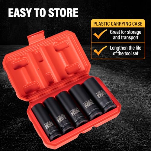 5 Pieces 1/2 inch Drive Deep Impact Socket Set, Metric,15mm 17mm 19mm 21mm 22mm,Cr-Mo,6-Point,Spindle Axle Nut Impact Socket - size: 1/2" Deep 5pc