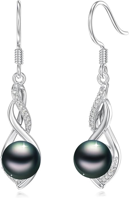 Tahitian Black Pearl Earrings Gifts for Women Wife Celtic Dangle Drop Earrings Wedding Birthday Anniversary Jewelry Valentines Christmas Day Gifts 925 Sterling Silver