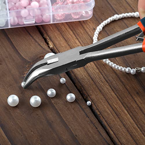 Long Reach Bent Nose Pliers for Jewelry Making 6 Inches Mini Bent Nose Pliers with Cutter Split Ring Jewelers Pliers Curved Needle Nose Pliers for Crafting and Repair Supplies - style: Bent Nose Pliers Serrated Jaws
