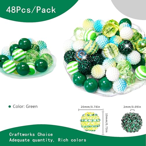 48 Pcs 20mm Beads for Pens Rhinestone Bubblegum Bead Green Crystal Acrylic Round Chunky Bead Sparkly Craft Large Balls Beads for Pen Beadable Keychain Bracelet Necklace DIY Jewelry Making Supplies - color: Green