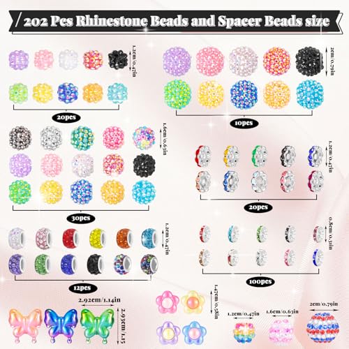 202 PCS HUISUYTON Rhinestone Beads for Jewelry Making, Included 70 Pcs Rhinestone Bead and 132 Pcs Spacer Bead, Sparkly Crystal Clay Beads for Bracelet Baseball Necklace Earring Crafting - color: 202 PCS Rhinestone Beads Mixed Set
