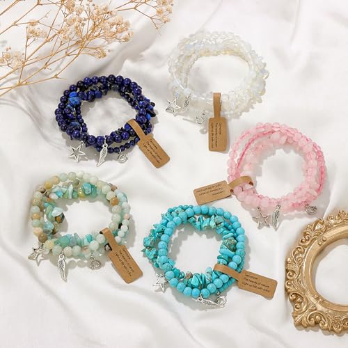 3Pcs Crystal Bracelet for Women Handmade Crystals and Healing Stones Bracelets Natural Stone Beaded Bracelets Set Star Moon Feather Boho Bracelets Birthday Gifts for Women Girls