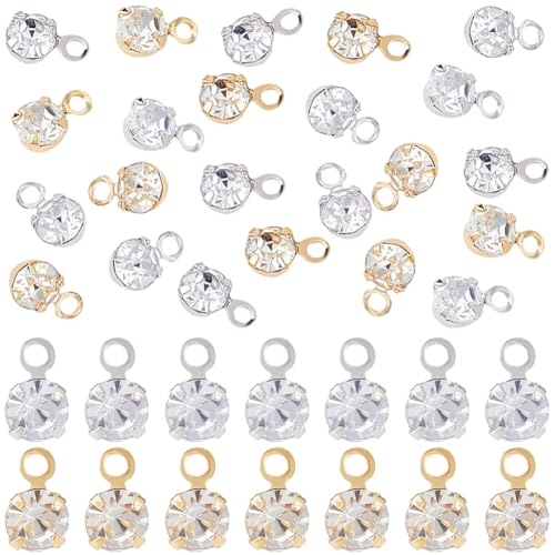 Beebeecraft 50Pcs 2 Colors Round Rhinestone Charms 18K Gold & 925 Sterling Silver Plated Cubic Zirconia Crystal Clear Pendant Charms for Jewelry Making DIY Supplies - color: Gold & Silver