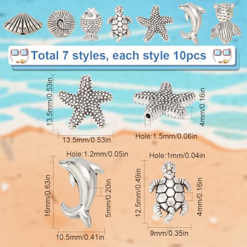 SUNNYCLUE 70PCS 7 Styles Silver Sea Beads Marine Beads Sea Ocean Animal Summer Hawaii Turtle Fish Shell Animals Alloy Metal Loose Spacers for Jewelry Making Beading Kit Bracelets Supplies