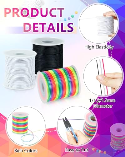 2 Rolls FIVEIZERO White Elastic Bracelet String Total 330 Feet,1mm,1.2mm,1.5mm Elastic Cord for Beading Stretchy String with Beading Needle for Bracelets, Sewing, Necklace, Jewelry Making and Crafts - size: 1.5MM, style: White