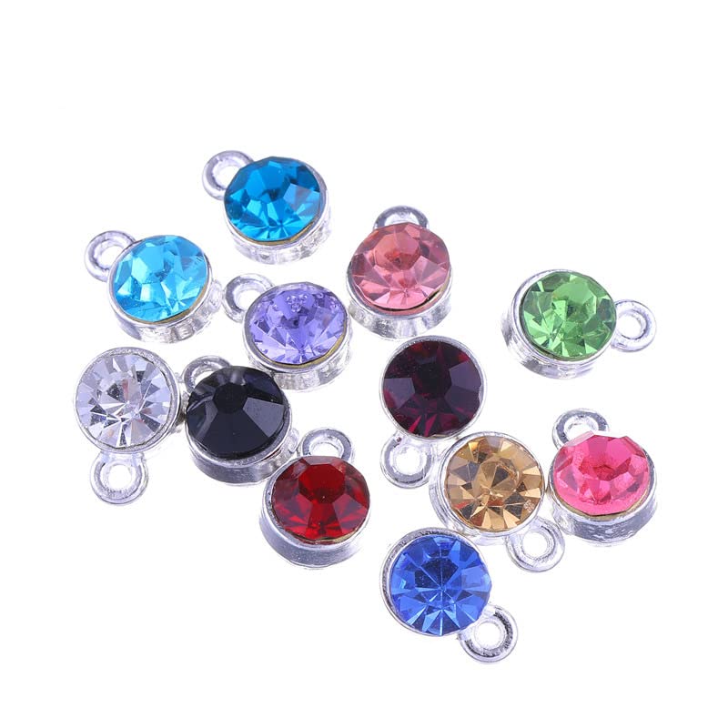 BetterJonny 120 Pieces Crystal Birthstone Charms Beads, 12 Colors Round Crystal Charm with Rings Handmade Jewelry Pendants for Jewelry Necklace Bracelet Earring Making - color: （#A）Silver Round