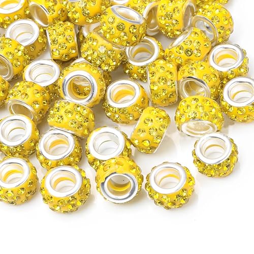 50 PCS Large Hole Rhinestone European Crystal Charm Spacer Rhinestone Beads for Pens Making Bulk Beadable Pens Jewelry Making Supplies DIY Crafts Bracelet (Yellow, 12mm) - color: Yellow
