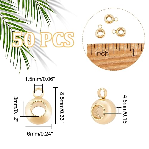 PH PandaHall 50pcs 304 Stainless Steel Bail Beads Hanger Links Golden Rondelle Carrier Beads Loose Spacer Beads with Loop for European Style Bracelets Necklaces Jewelry Making 8.5x6x4.5mm