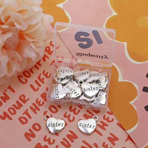 Shapenty Antique Silver Love Heart Shaped Family Members Pendant Charms for DIY Craft Keychains Bracelet Necklace Earrings Jewelry Making Findings and Memory Ornament - style: Sister