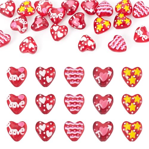 Red Heart Beads Glass Cute Heart Hand Drawn Beads Craftdady 20Pcs Love Loose Spacer Beads Red Bracelet for DIY Earring Necklace Jewelry Making-14mm - color: Red