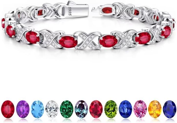 Iefil Valentines Day Gifts for Her, Oval Birthstone Tennis Bracelets for Women Wife Unique X O Design Fine Jewelry Anniversary Birthday Gift 925 Sterling Silver Birthstone Jewelry for Mom Girlfriend