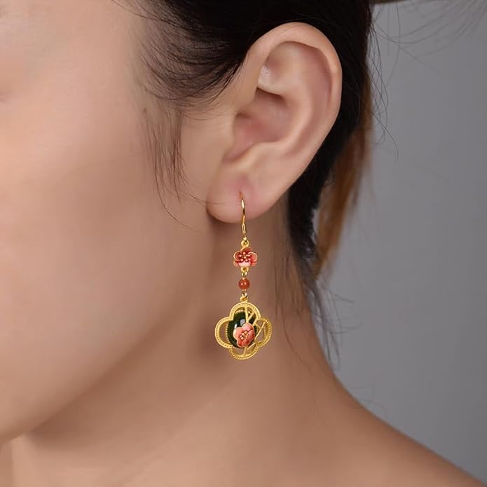 14K Gold over S925 Real Natural Jade Plum Blossom Earrings, Enamel Vintage Style Dangle Earrings, Delicate Jade Jewelry Gift for Wife's Elegance