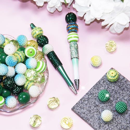 48 Pcs 20mm Beads for Pens Rhinestone Bubblegum Bead Green Crystal Acrylic Round Chunky Bead Sparkly Craft Large Balls Beads for Pen Beadable Keychain Bracelet Necklace DIY Jewelry Making Supplies - color: Green