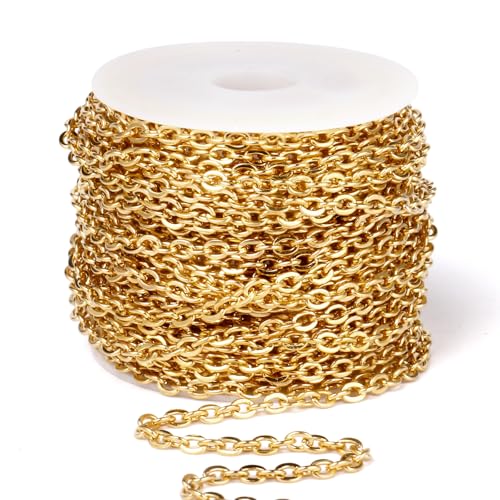 33 Feet 18K Gold PVD Plated Stainless Steel Cable Chain Bulk, 3.5mm 304 Stainless Steel Flat Cable Link Chains Roll Spool for Jewelry Making Necklace DIY Craft - color: Gold Color, size: 3.5mm width