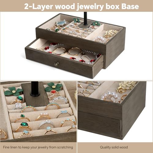 Meangood Jewelry Organizer Stand, 3-Tier Necklace Holder Jewelry Tree with Wooden Storage Drawer Box for Necklace Bracelet Earring Ring, Walnut - color: Weathered Grey