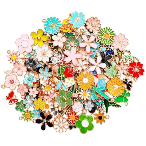 MARFOREVER 120 Pcs Spring Summer Floral Themed Charms, Flower Charms for Jewelry Making, Assorted Gold Enamel Charm Pendants for DIY Necklace Bracelet Earrings Supplies Gifts for Mom Women - style: Flower