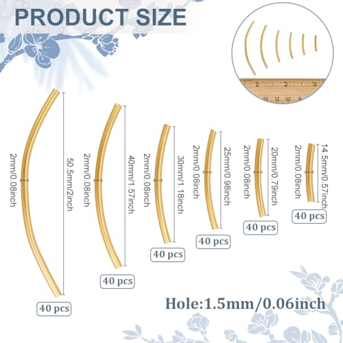 PH PandaHall 240pcs 6 Size Brass Curved Tube Beads Long Noodle Tube Bead Golden Spacer Beads for DIY Memory Wire Bracelet Necklace Anklet Wrist Jewelry Making, 14.5mm 20mm 25mm 30mm 40mm 50.5mm