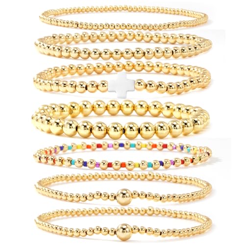14K Gold Beaded Cross Beaded Bracelet Stack Set for Women,7PCS Bohemian Colorful Beads Ball Stretch Stackable Bracelets Trendy Holiday Birthday Gift - color: White