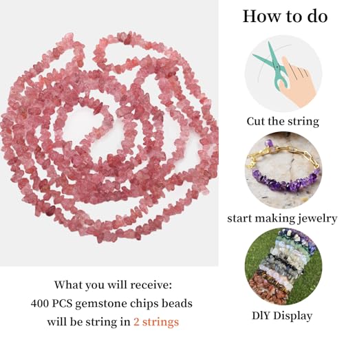 400pcs Natural Chip Stone Beads for Jewelry Making Strawberry Quartz 5-8mm Irregular Gemstones Healing Crystal Loose Rocks Bead Hole Drilled for Ring Earrings Necklace Bracelet Making DIY Art Crafts - color: Strawberry Quartz(2 Strands-62")