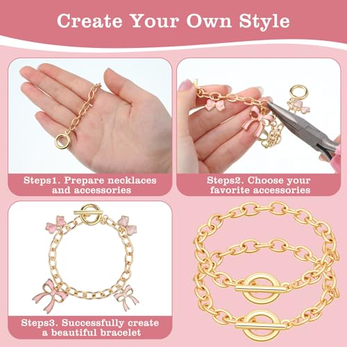 12 PCS Chains Bracelets for Jewelry Making, Gold Stainless Steel Charm Bracelet Chains Link Chain Bracelets with OT Toggle Clasp DIY Jewelry Making Chain for Women Men DIY Crafts Supplies Gifts