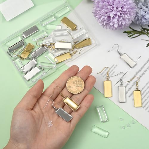 1 Box 60Pcs 20 Sets Earring Blank Tray Bezel Set Earring Blanks 10x25mm Rectangle Pendant Trays with Glass Cabochons Settings Silicone Ear Backs for Jewelry Making Supplies DIY Dangle Charms - style: Style 5